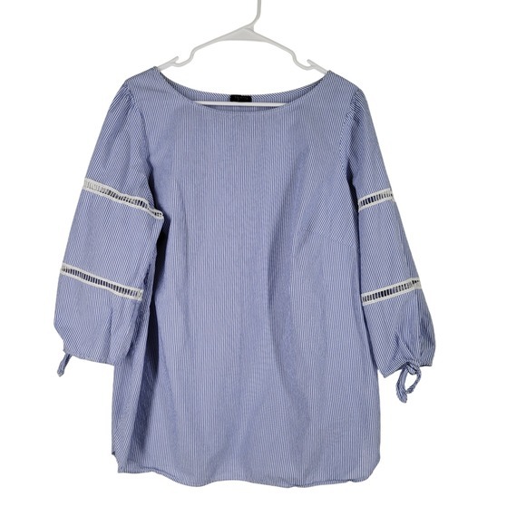 Talbots Tops - Talbots Plus 1X Blue White Stripe Blouse Top‎ Tie cuffs Boho lace inset